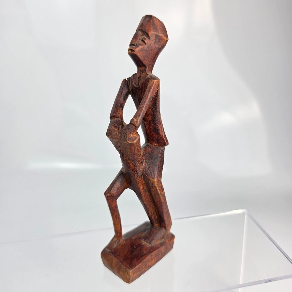 Vintage African Hand Carved Wood Standing‎ Male Figure Geometric Tribal Folk Art